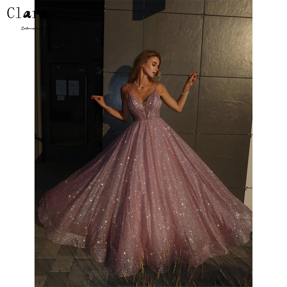 Clara Custom Pink Shiny A-Linie Spitze Abendkleider D/Party Ballkleid Kleid Elegante Cocktailkleider für Luxus Party Damen