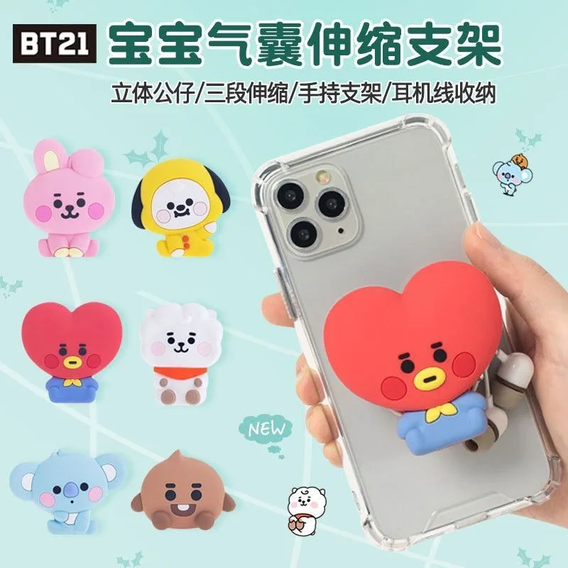 

BT21 Кукки Тата Коя РДж Шуки Мэн Чимми: Милый креативный мини-держатель для телефона, телескопический держатель-подушка, намотчик для наушников, подарок