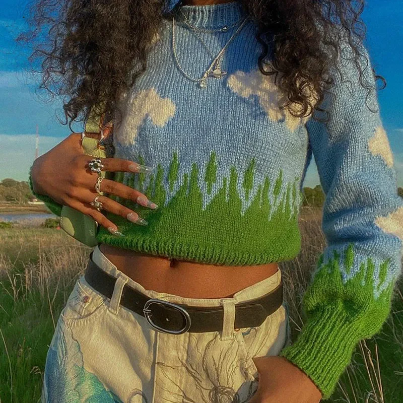 Winter Women's Pullover Cloud Print Knitted Sweater Long Sleeve New Style Ladies Casual Fashion Ladies Sweaters