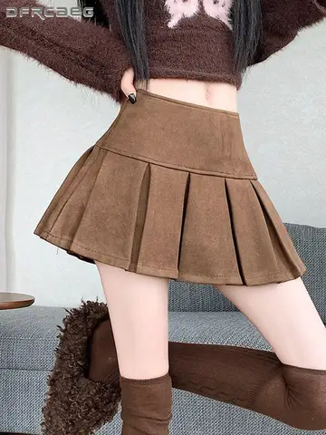 Gonne a pieghe da donna in pelle scamosciata kaki retrò americana Autunno Inverno Streetwear Dolce mini gonna corta Jk Lady