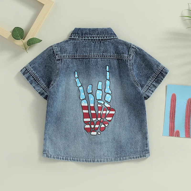 Children s Short Sleeve Shirt Patriotic Hand Print Button Down Top with Turn-down Collar for Fourth of July Celebration