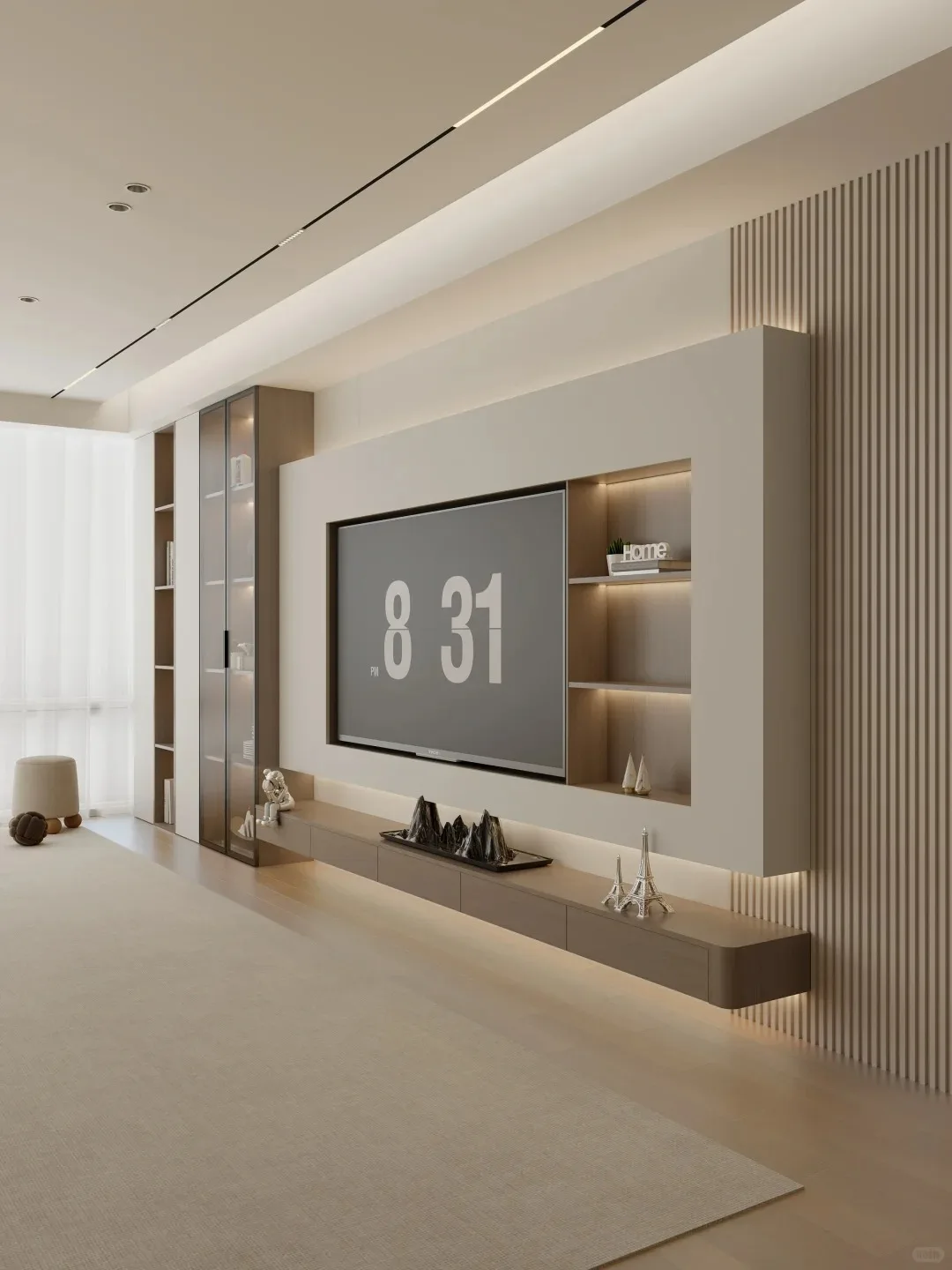 Modernes, einfaches TV-Wandsystem, maßgeschneiderte Lösung für das gesamte Wandspind im Wohnzimmer