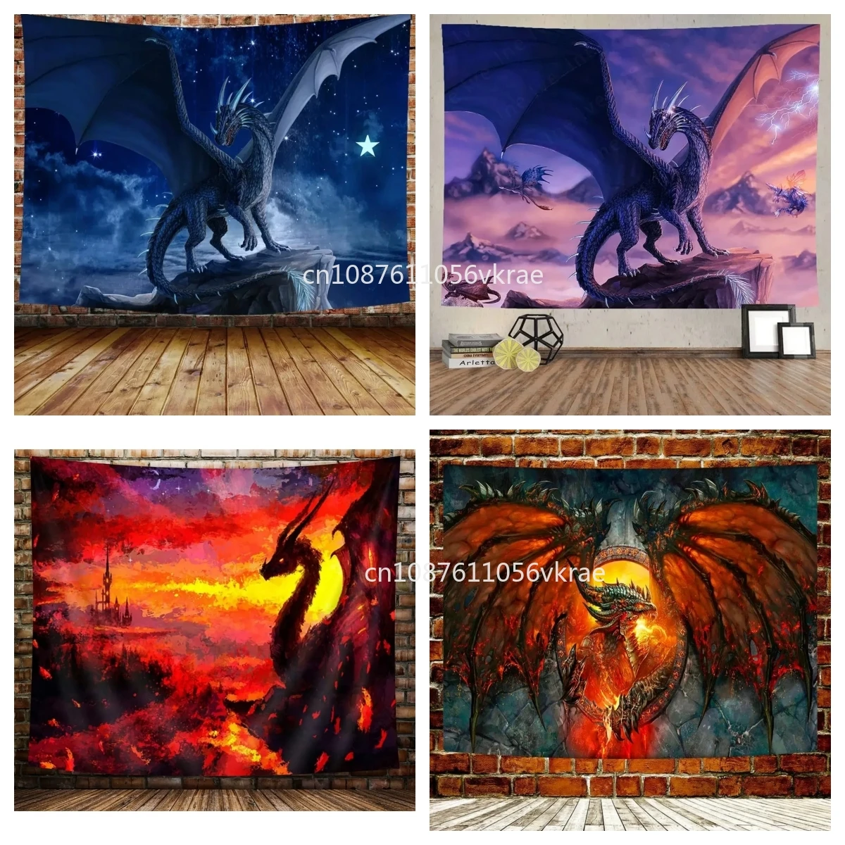 Fantasy World Tapestry Wall Hanging Medieval Red Dragon and Human War Mythology Themed Art Tapestry Home Decorations Wall Decor