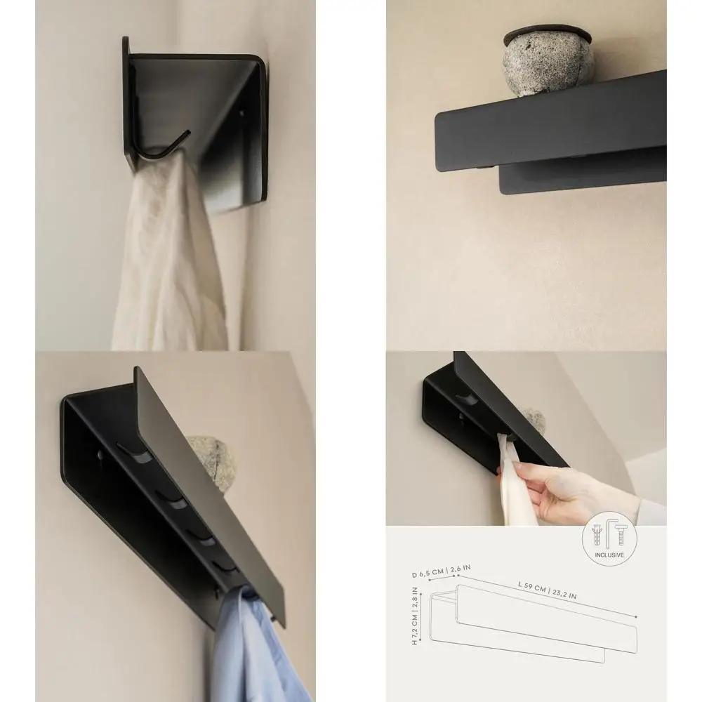 

Современная металлическая настенная вешалка для одежды 'Киан' со скрытыми крючками и полкой | Сверхпрочная черная подвесная система для прихожей