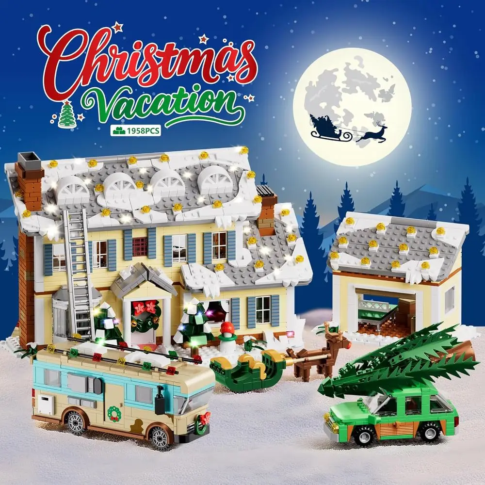 5-in-1 Christmas Village Building Kit with LED Lights, 1958 Pieces, Toy Blocks for Ages 8+