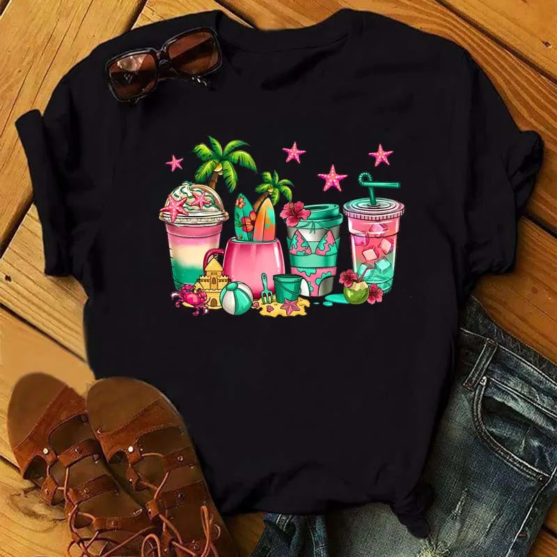 Maycaur Fashion Watermelon Coffee Printed Women T-shirts 90s Trend Cute Short Sleeve Women Female Graphic Tee Streetwear Clothes