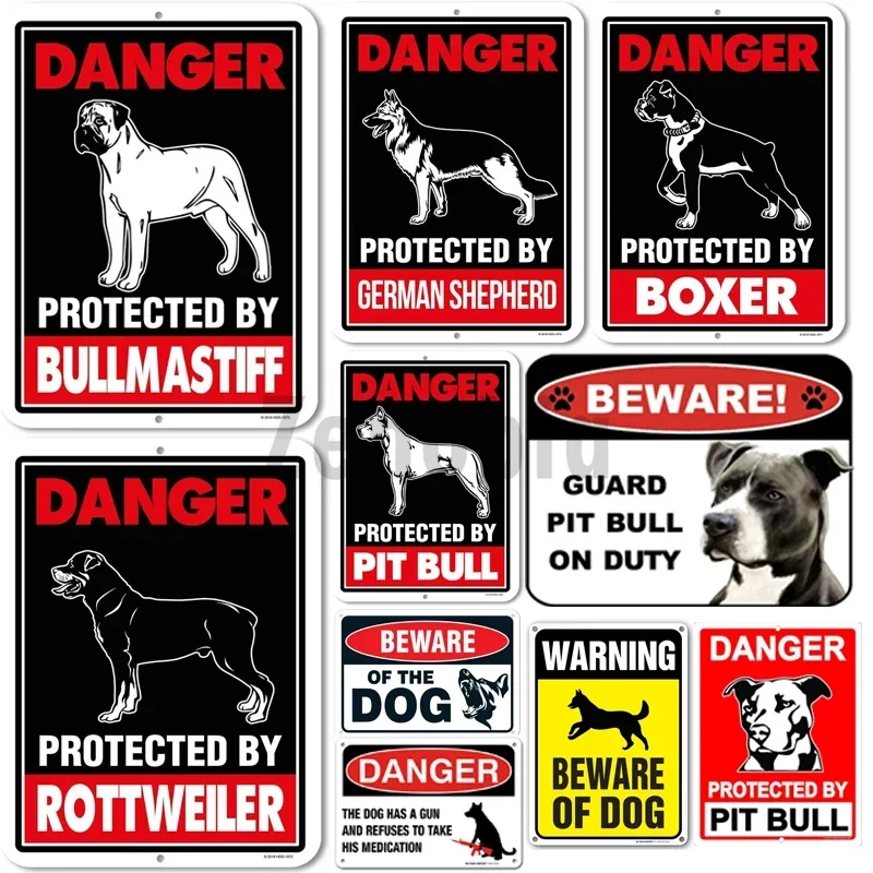 HD Metal Tin Sign Danger Beware of Dog Guard Pit Bull Rottweiler German Shepherd Wall Decor for Home Bar Pub