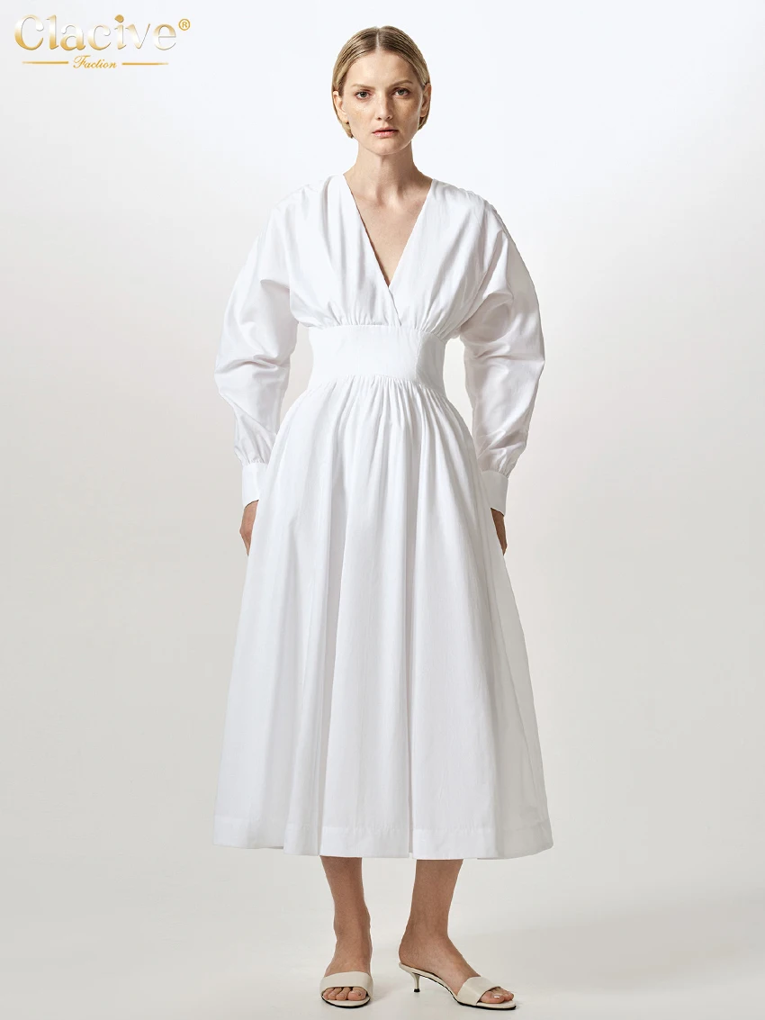 

Clacive Fashion Loose White Cotton Women's Dress 2025 Casual V-Neck Long Sleeve Midi Dresses Elegant High Waist Female Dress