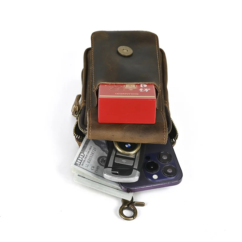 LD-Real Leather Men's Waist Bag, Top Layer Cowhide Outdoor Crossbody Bag, Crazy Horse Leather Mobile Phone Bag