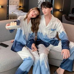 Couple's Long Sleeved Satin 2PCS Pajamas Spring Autumn New Ice Silk Sleepwear Lapel Button Shirt Trousers Suits Home Clothes