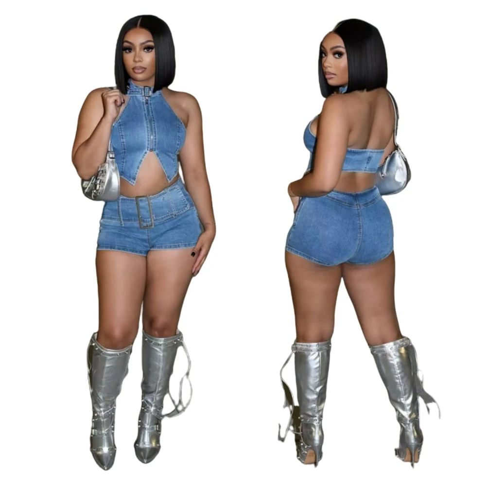 

Denim Sets Woman Outfits Summer Sexy Blue Jean Halter Buckle Mock Neck Zip Up Crop Top Short Suits Streetwear 2 Two Piece Set