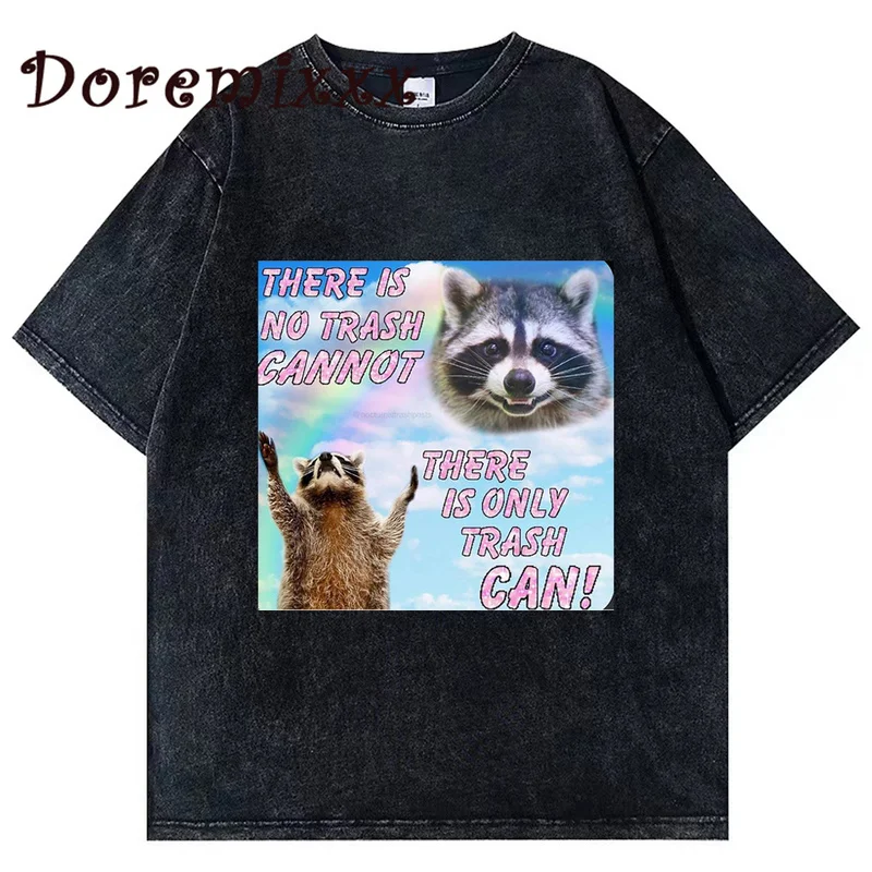 

Men Women Hip Hop Vintage Washed TShirt Racoon Meme Streetwear Anime Graphic Print Oversized T-Shirt Casual Short Sleeve Tops