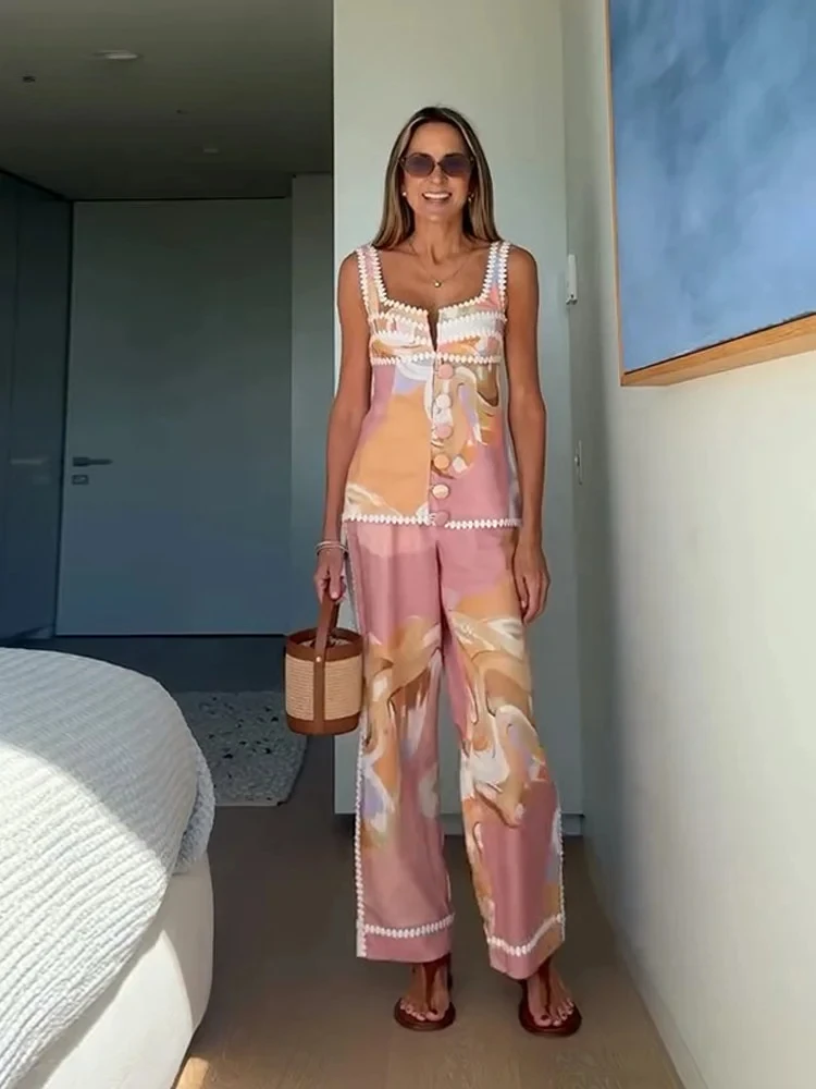 

Elegant Printed Sling Pants Suits Women Casual Sleeveless Tank Flower Patchwork Trousers 2025 Summer Street Fashion Lady Outfits