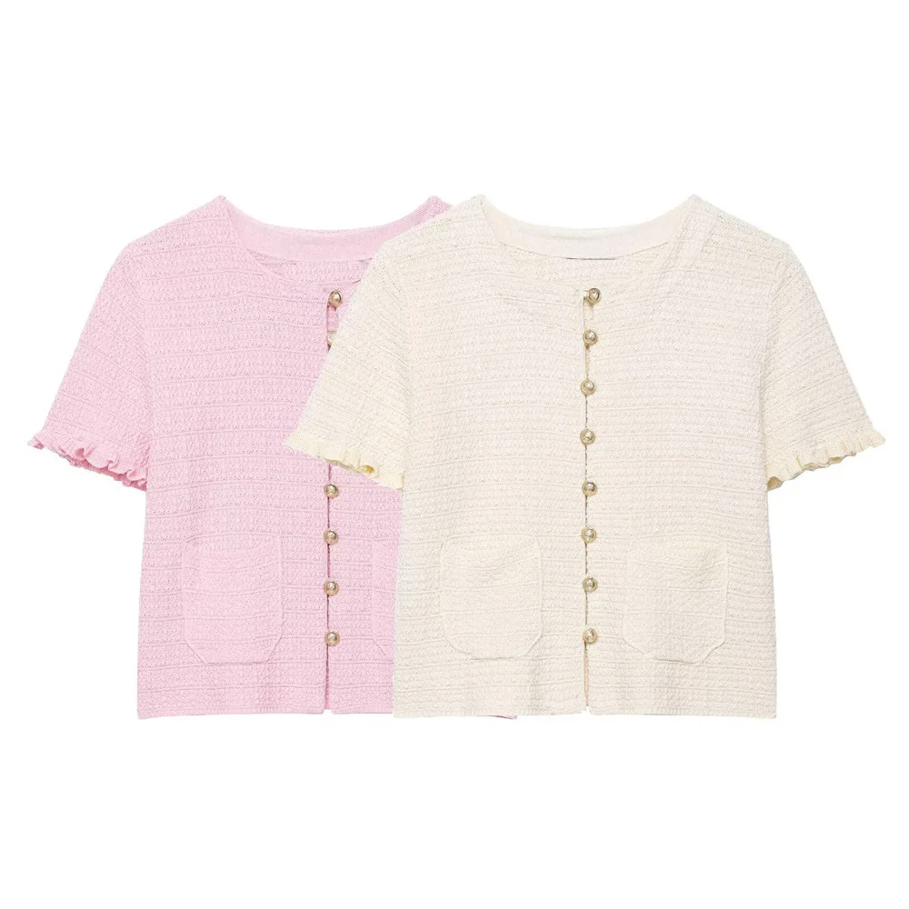 

Taop&Za women's summer new fashionable and versatile layered decoration round neck short sleeved knitted metal button jacket