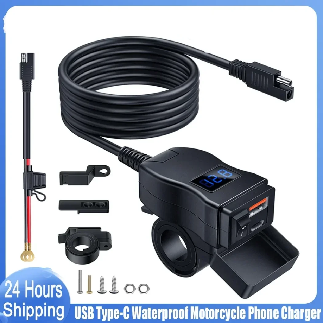 Motorcycle USB Charger 12V Waterproof Socket Handlebar Cell Quick Charger Adapter with Voltmeter Motor Accessory