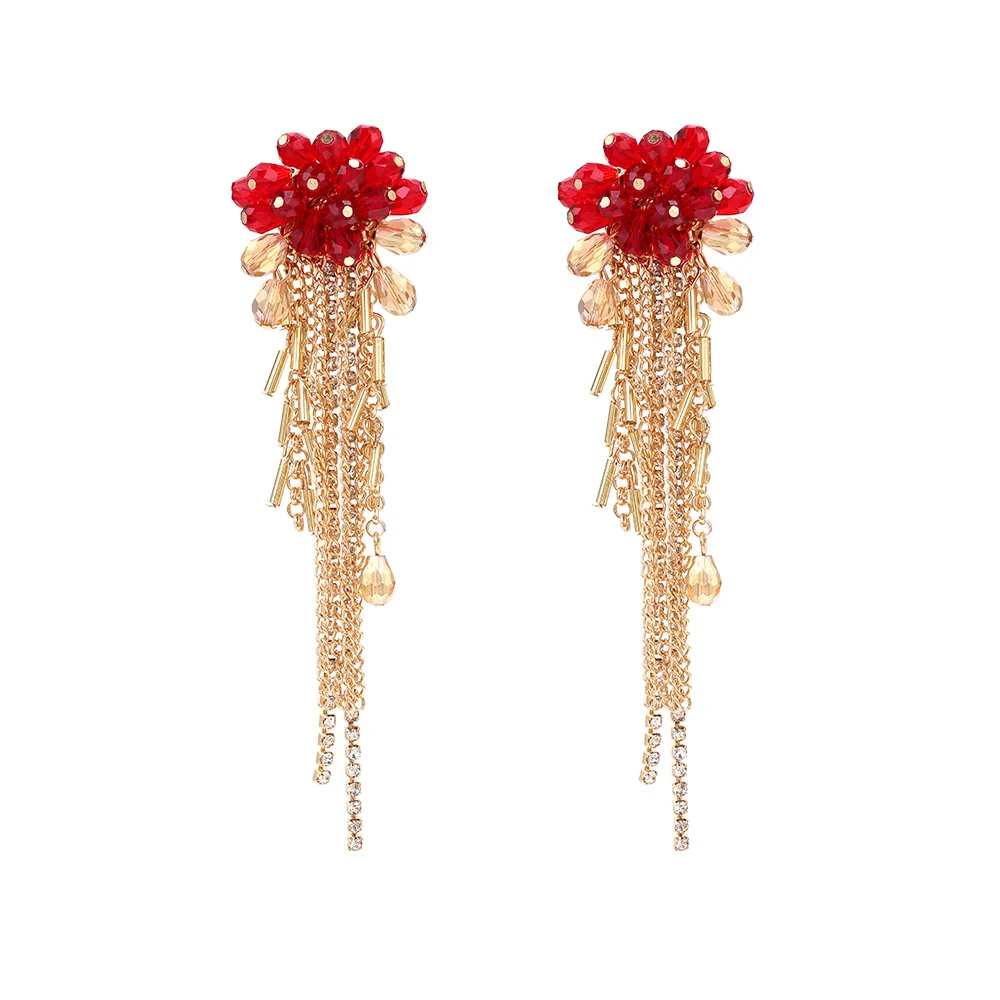 Neuheiten: Rote Blumen-Kristall-Strass-Quasten-Ohrringe für Damen, Modischer Schmuck für Hochzeit, Braut und Party – Detail 3