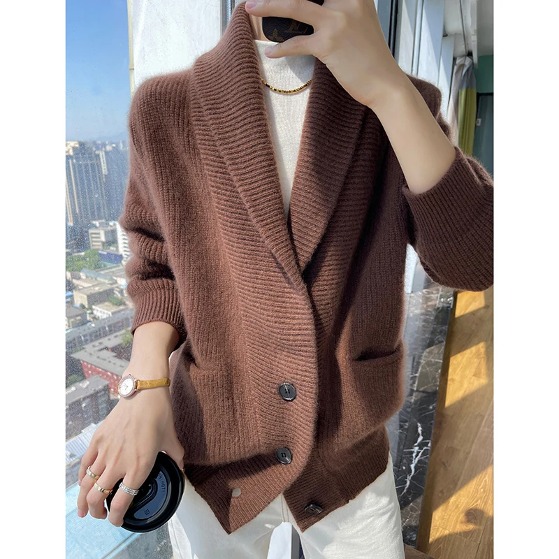 100 Pure Wool Cardigan Women\'s Polo Neck Long Sleeve Comfortable and Warm Autumn and Winter New 2023 Type Cardigan Coat Sweater