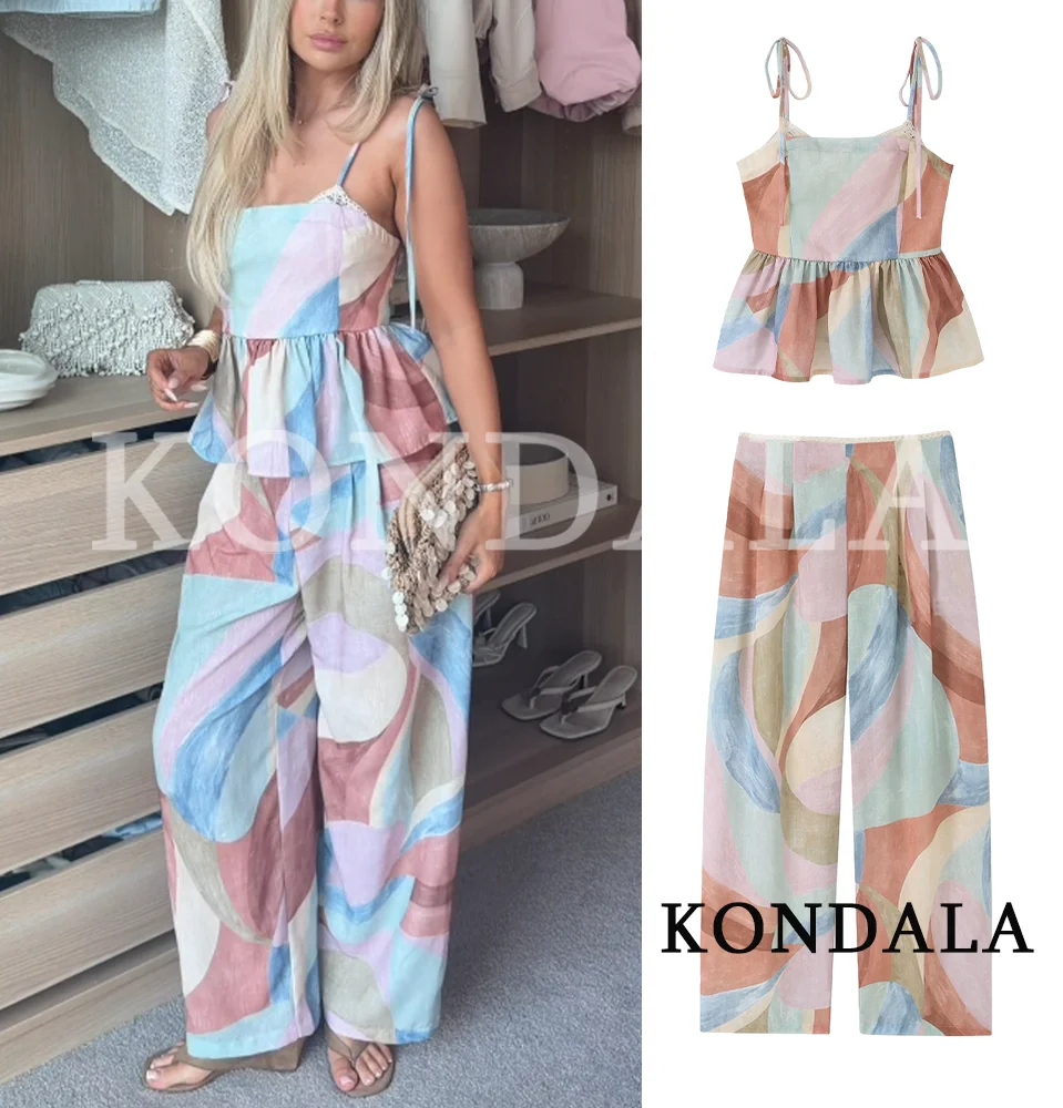 KONDALA Women Trendy Colored Print Pants Set Sleeveless Cami Top Wide Leg Pants New Fashion 2026 Spring Summer Holiday Lady Set