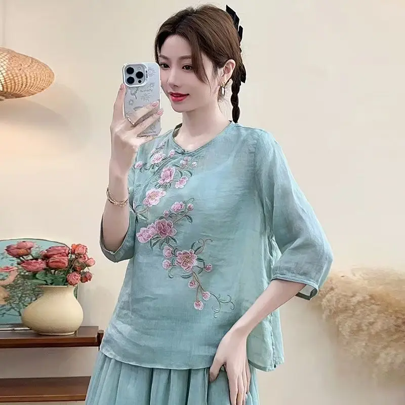 

Chinese Style Women Heavy Embroidery Literary Linen Cotton Loose Shirt Pullover Tie Waist Spring Summer Tea Top