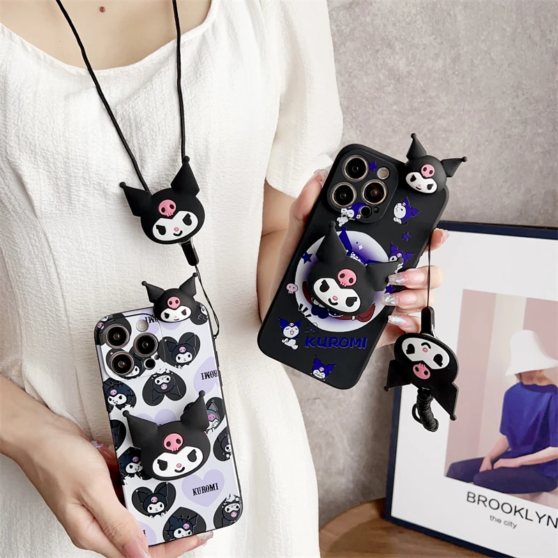 3D Kuromi Phone Case For Motorola MOTO G Power Stylus Play Plus 4G 5G 2021 2022 2023 2024 Strap Rope With Holder Cartoon Cover