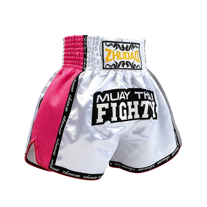 Embroidered Muay Thai Boxing Shorts White Pink Grey Contrast Kickboxing Trunks Loose Cut Martial Arts Shorts for Men Women Kids
