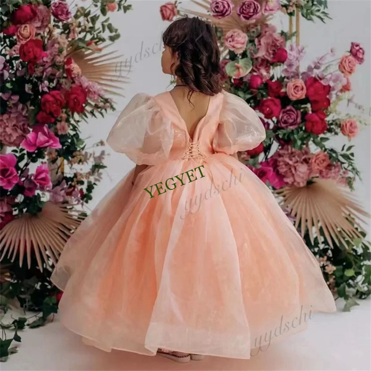 Cute Pink Puffy Sleeves Flower Girls Dresses For Wedding 2023 Princess O-Neck Ball Gown Kid Birthday Party First Communion Gowns