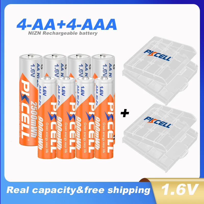 PKCELL 4PC AA Batteries 2500MWH+4PC NI-ZN AAA Battery 900MWH 1.6V NIZN AAA/AA Rechargeable Batteries with 2PC Battery Box Holder