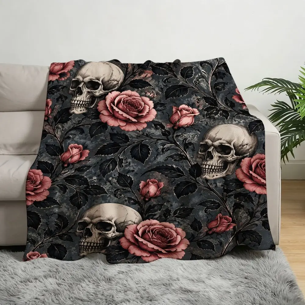 Gothic Skull Roses Throw Blanket Dark Charcoal Tapestry Style Rose Vines Pattern Warm Soft Flannel for Sofa Couch Travel Camping Cozy Home Decor