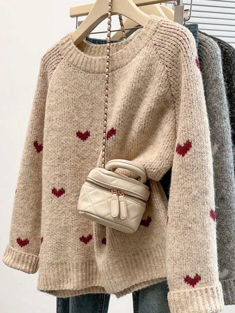 

Korean Round Neck Knitted Pullovers Chic Heart Print Long Sleeved Women's Sweater Autumn New Soft Thermal Loose Knitwear