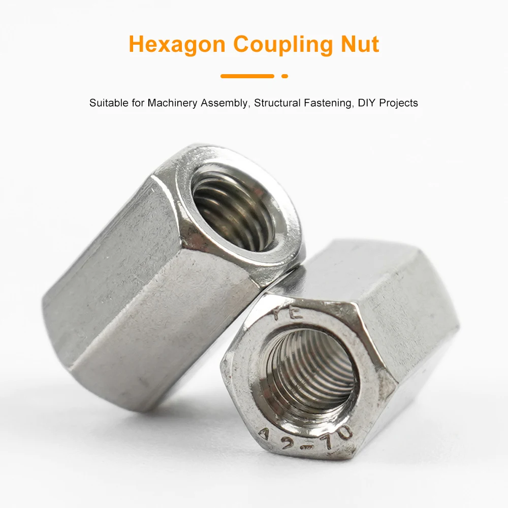 JUIDINTO 1-3pcs Extend Long Hex Coupling Nuts 304 Stainless Steel Standoff Rod Connector Thread Nuts M3 M4 M5 M6 M8 M10 M12 M14