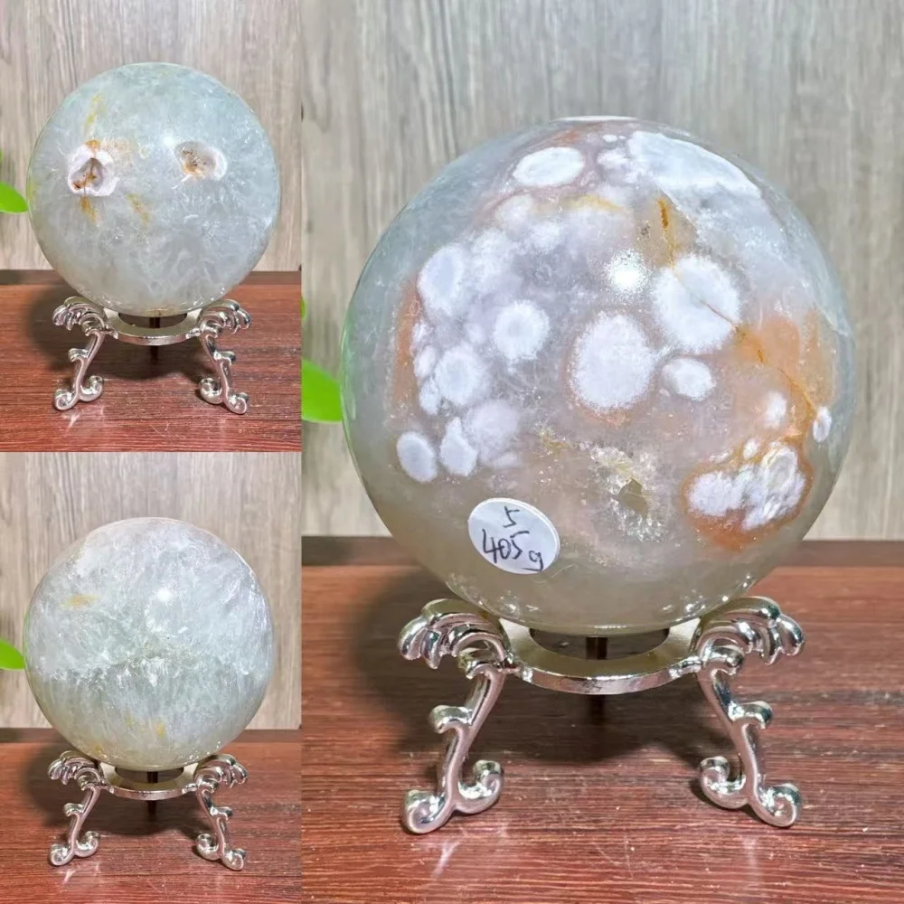 1PC Natural Green Quartz Flower Agate Spheres Raw Geode Stone Healing Crystal Reiki Energy Home Decoration Gifts+Stand