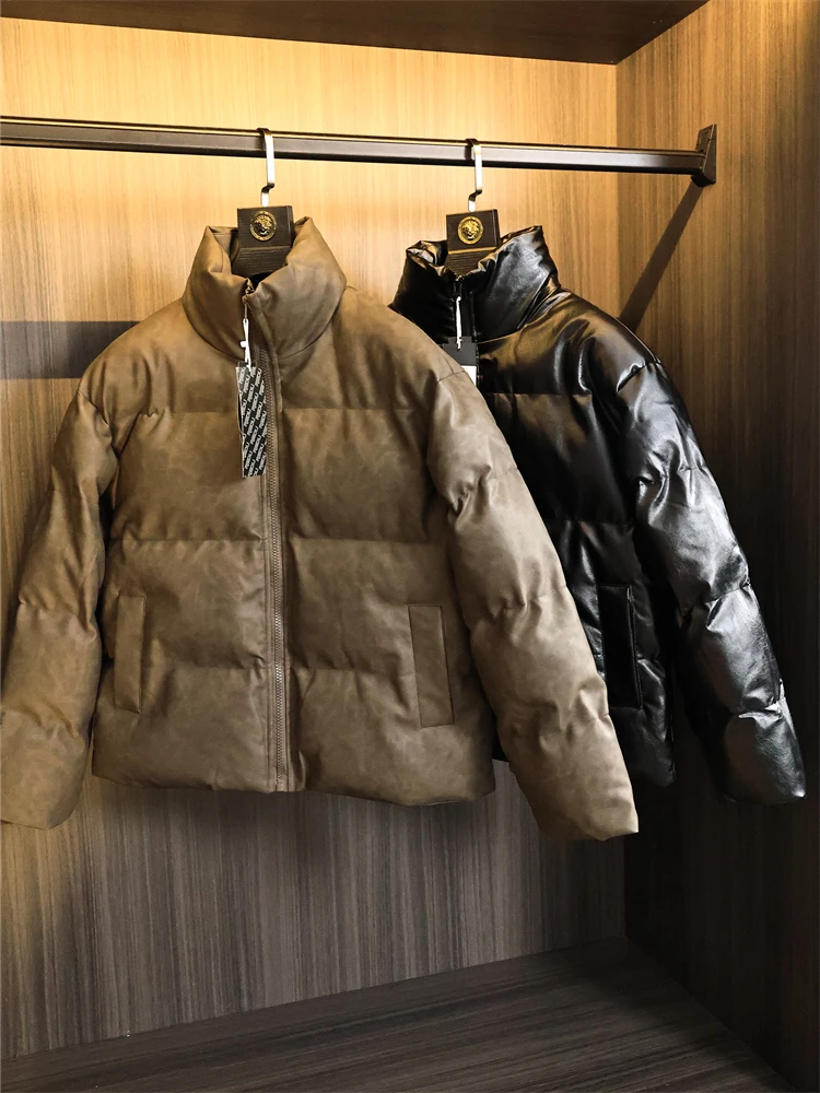 Men's Thickened PU Leather Cotton Jacket Stand Collar Bread Clothes Fashionable Urban Style Warmth Autumn Winter Outerwear