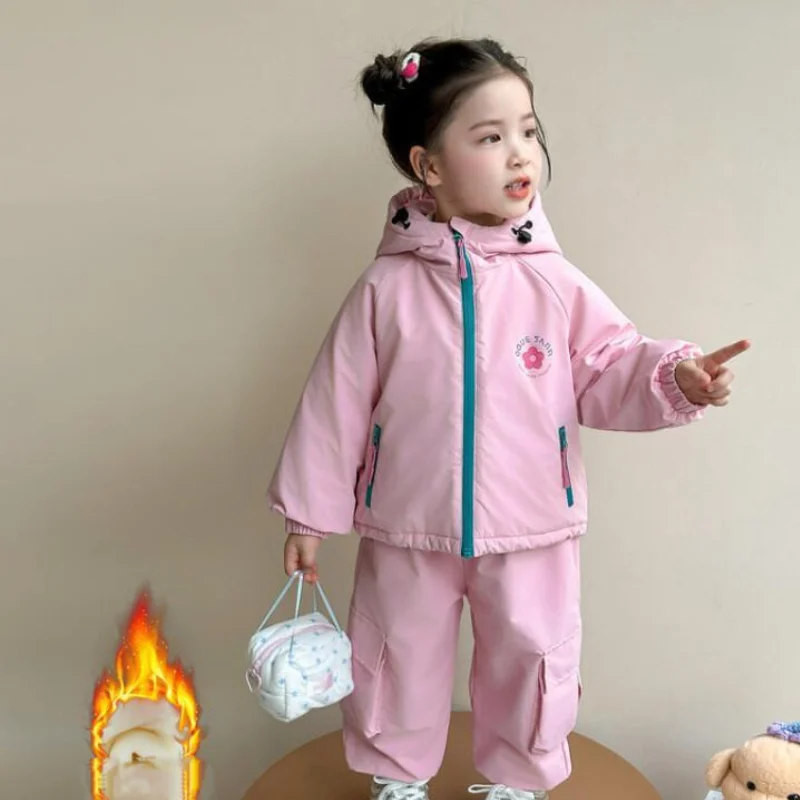 

Girl Thicken Coat Pants Two-Piece Set Autumn Winter Tops Sweatpant Sportswear Child Kawaii Keep Warm Fashion New Casual Clothing