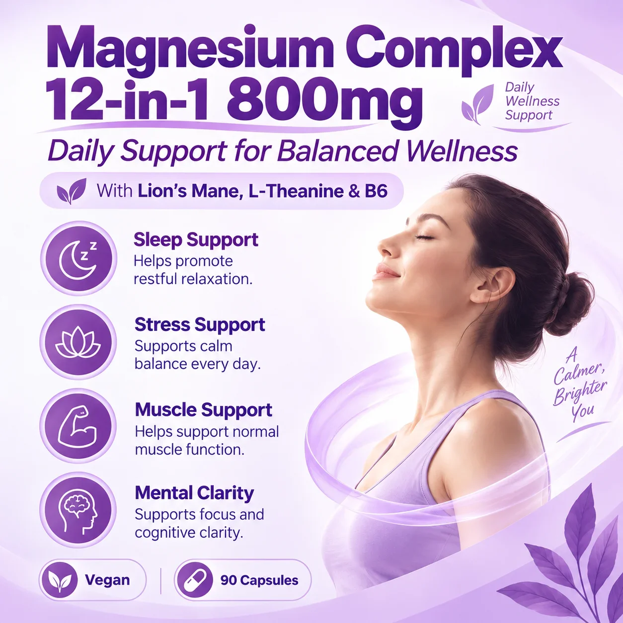 Stress Relief, Sleep & Muscle Recovery - Magnesium Complex 800mg 20-in-1 with Lion's Mane, L-Theanine & B6, Mental Clarity, 90Ct