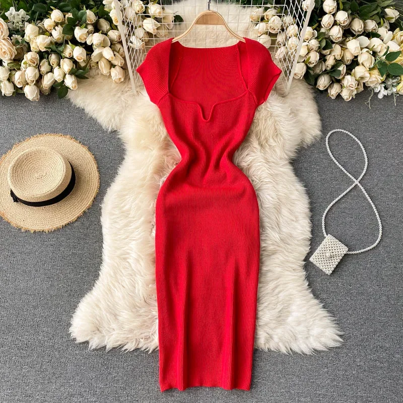 2024 Sommerkleid gestrickt solide quadratische Hals sexy figur betonte Kleider für Frauen Stretch Vestidos Kurzarm