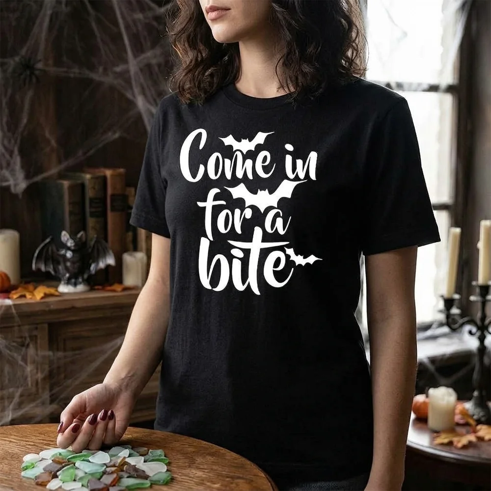 Female T Shirt Come In For A Bite Halloween Letter Bat Print Short Sleeve Cotton Oversized Casual Loose Tee Tops Clothing