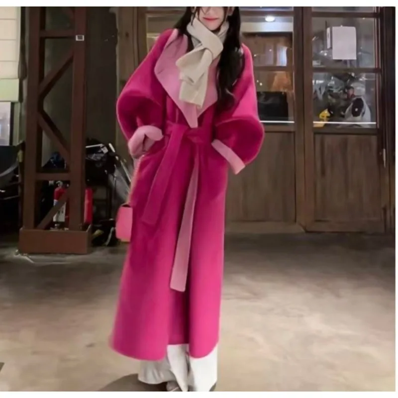 

French High-end Temperament Daughter Royal Sister Contrasting Colors Long Loose Waist Thickened Woolen Coat Coat Women