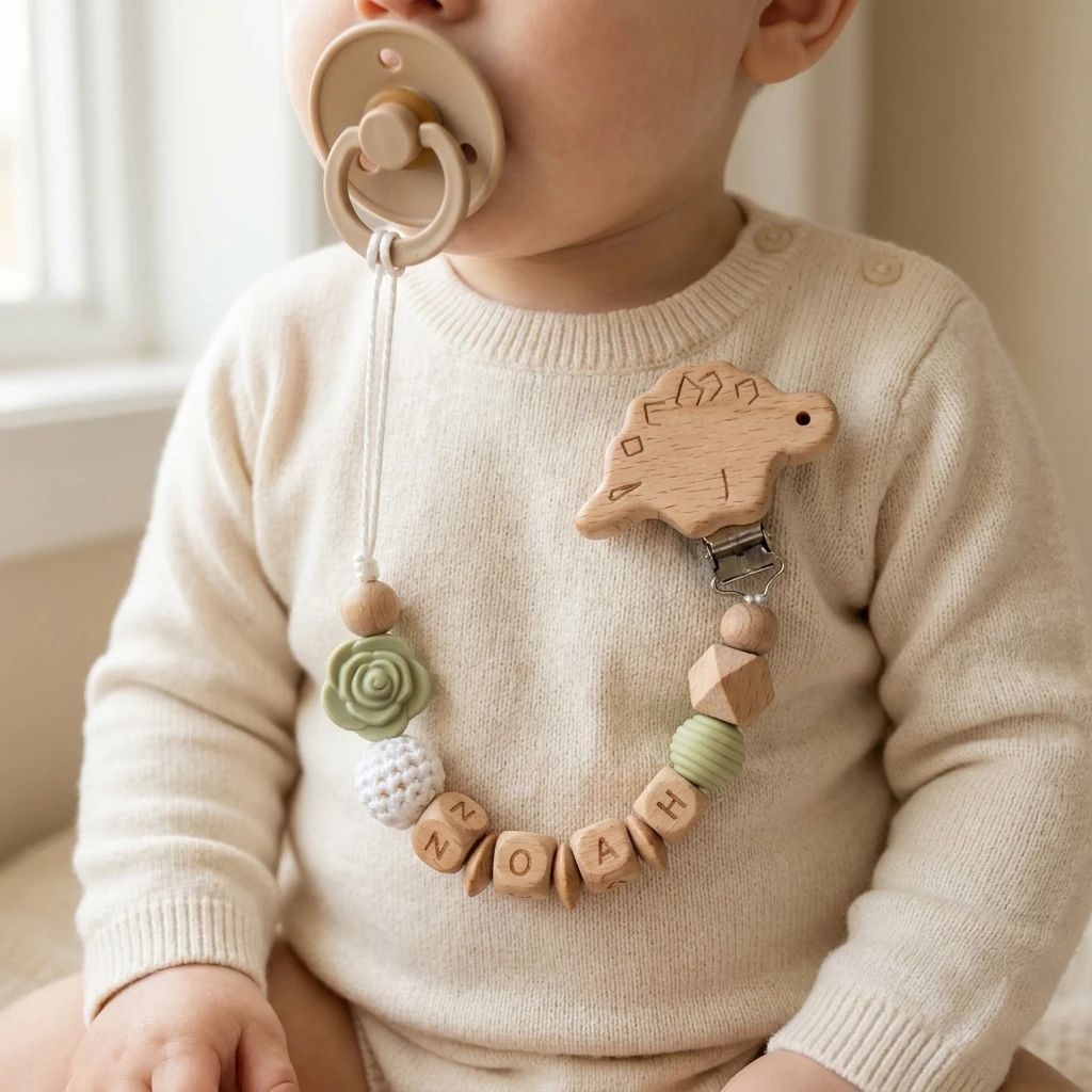 Personalized Baby Pacifier Clip Custom Name Wooden Beads Silicone Crochet Dinosaur Pacifier Holder Dummy Clip Baby Shower Gift