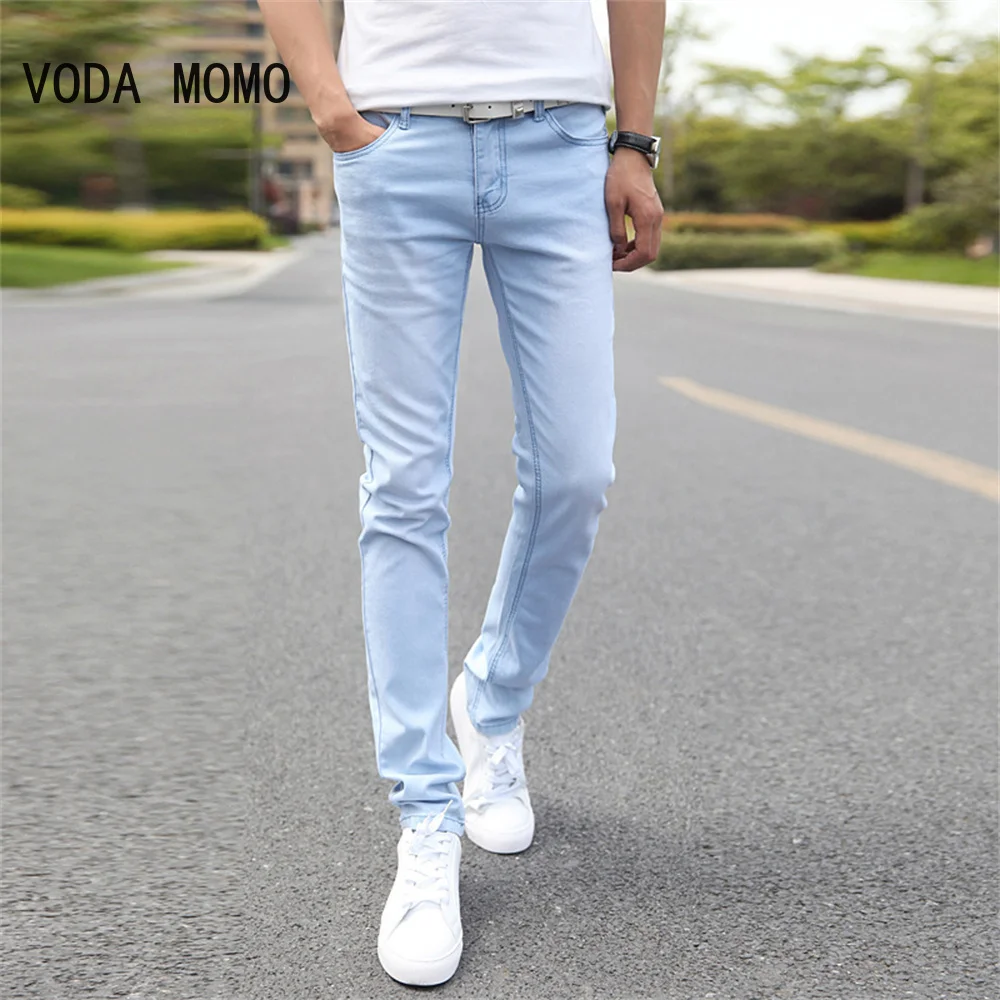 

2025 New Men Stretch Skinny Jeans Male Designer Brand Super Elastic Straight Trousers Jeans Slim Fit Fashion Jeans , Sky blue