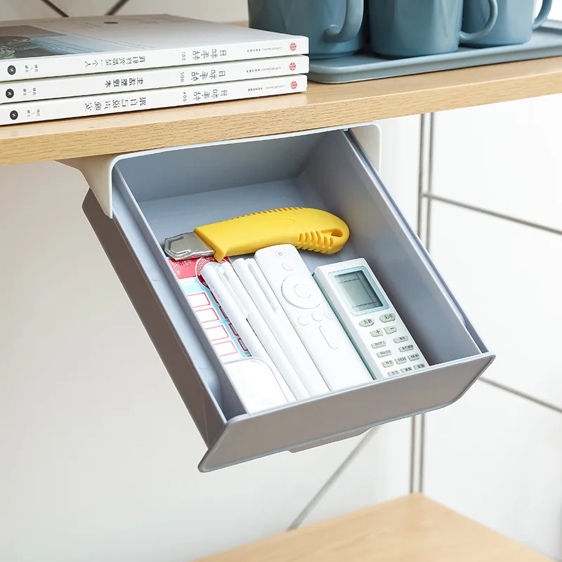 Hidden Hanging Storage Organizer Kitchen Drawer Storage Box Punch-Free Under Table Self-Adhesive Drawer Case Fork Spoon Tray