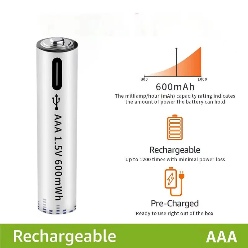 USB AAA Rechargeable Batteries 1.5V 600MAh Li-ion Battery for Remote Control MouseElectric Toy Battery + Type-C Cable