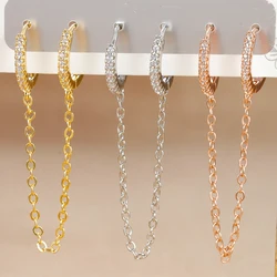 Fashion Stainless Steel Double Holes Chain Hoop Earrings for Women Gold Color Crystal Tassel Piercing Earrings Wedding Jewelry