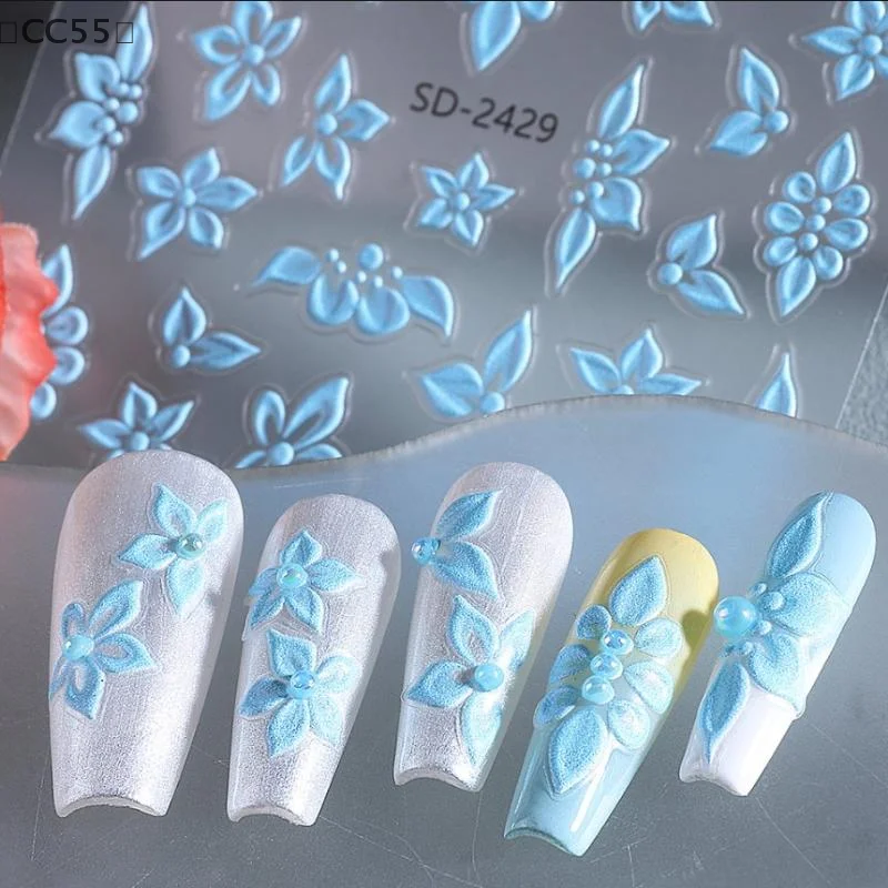[CC55] 5D エンボスフラワーネイルステッカー エレガント ホワイト グリーン ブルー 花びらデザイン アクリル 花柄 粘着スライダー デコレーション
