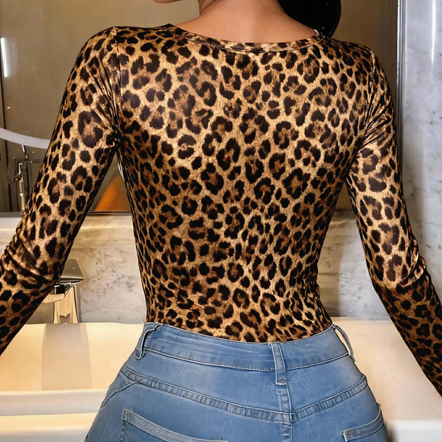 2026 New Leopard Print Long-sleeved Onesie Spice Girl Slim V-neck Waist Playsuit Jumpsuit Women