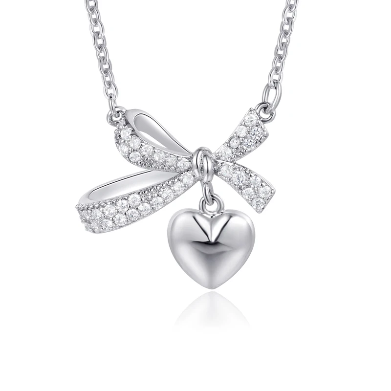 Elegant Bowknot &Heart Pendant Necklace 925 Sterling Silver Heart Sparkling Zirconia Bowknot Charms Necklace Jewelry for Women