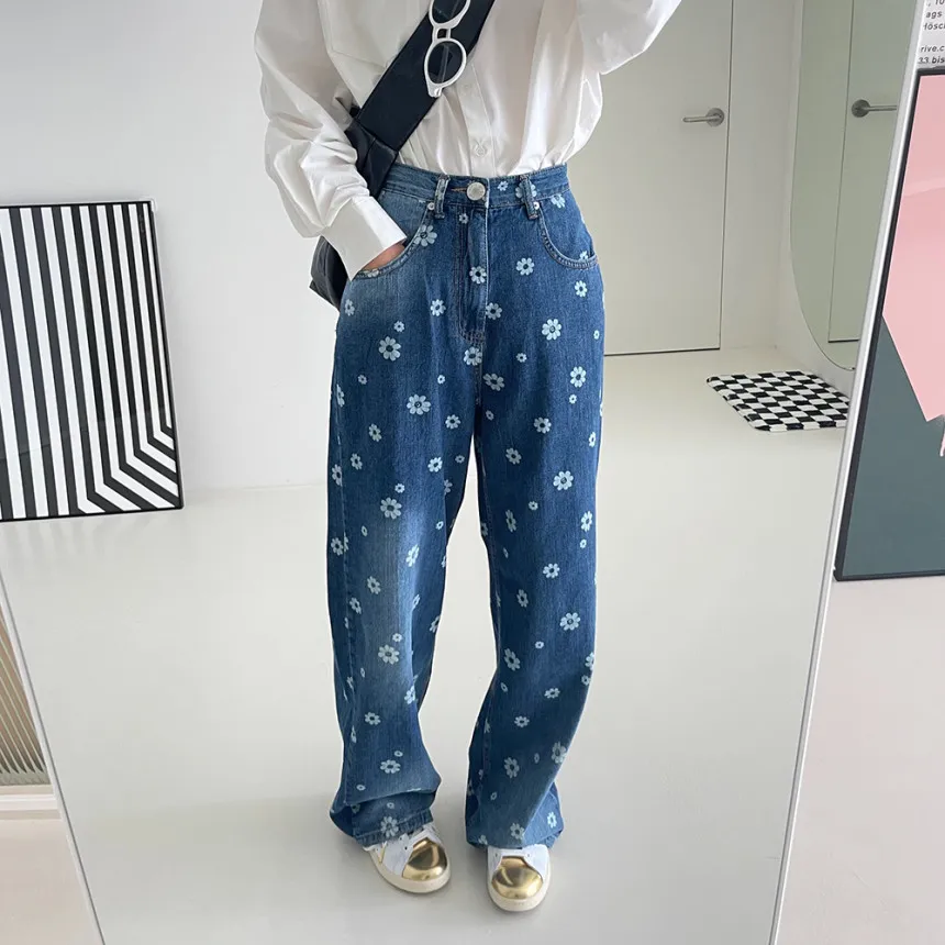 

Floral Print High Waist Straight Leg Jeans Women's Vintage Washed Casual Thin Summer Long Pants Blue Denim Fabric