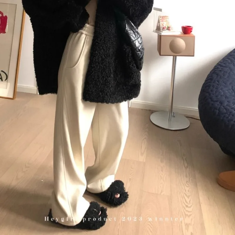 QWEEK Casual Baggy Thick Sweatpants Women Korean Fashion Basic Wide Leg Pants Office Lady Autumn Streetwear Vintage Warm Trouser