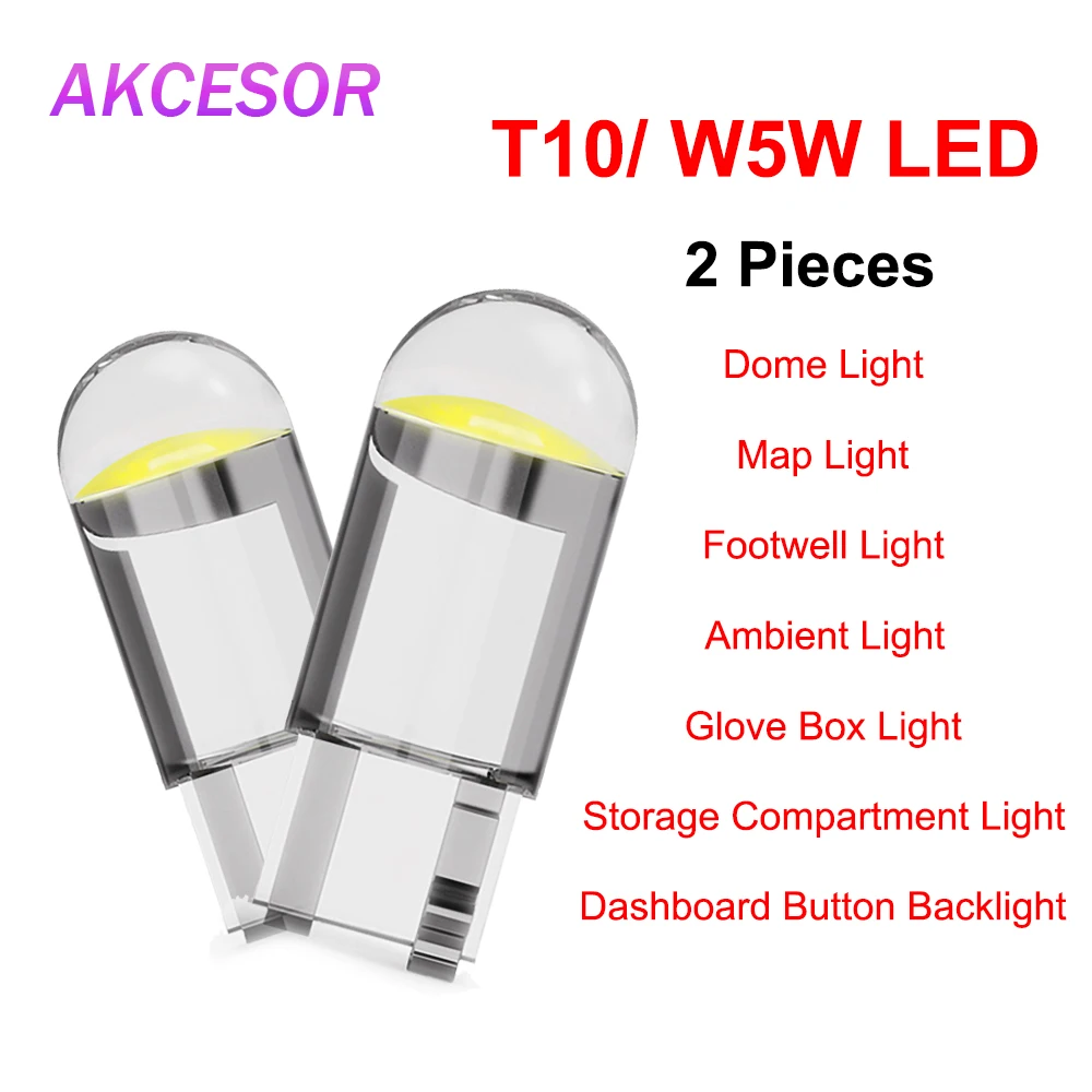 2 Pcs T10 LED Bulb W5W 194 168 192 Glass 6000K White 12V Car Interior Dome/ Reading/ Footwell/ Ambient/ Glove Box Light COB