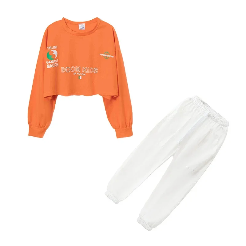 Pantalon de jogging pour fille, costume de danse jazz, vêtements pour enfants, vêtements Kpop et Hip Hop, haut court, t-shirt à manches longues, streetwear blanc