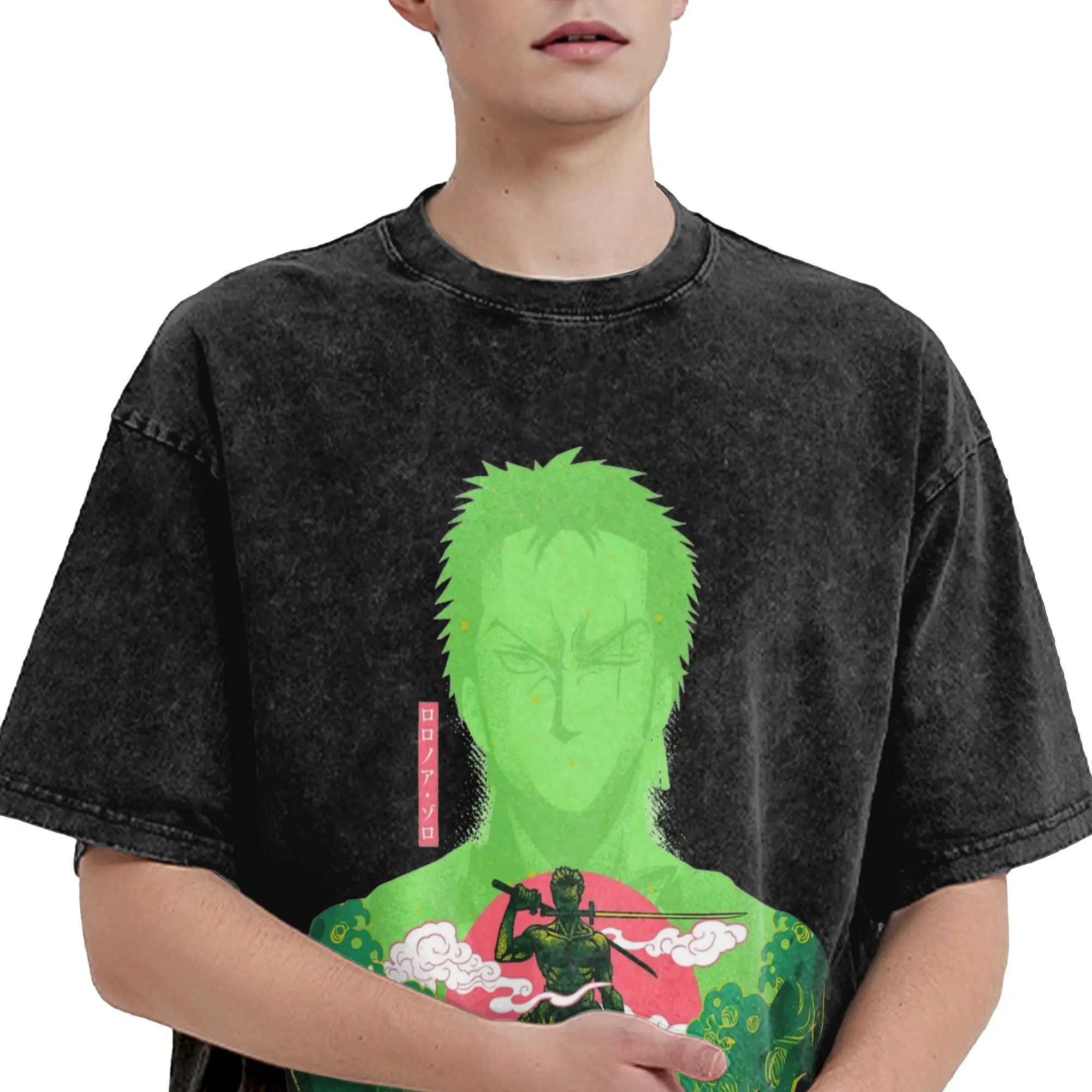 Washed T Shirts Ones Pieces Roronoa Zoro T-Shirt Harajuku  Streetwear Short Sleeve Graphic Printed Tops Tees Men Women